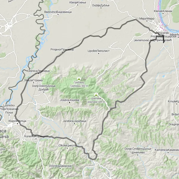 Map miniature of "Pocerski Pricinovic to Kasarske livade Road Trip" cycling inspiration in Region Šumadije i Zapadne Srbije, Serbia. Generated by Tarmacs.app cycling route planner