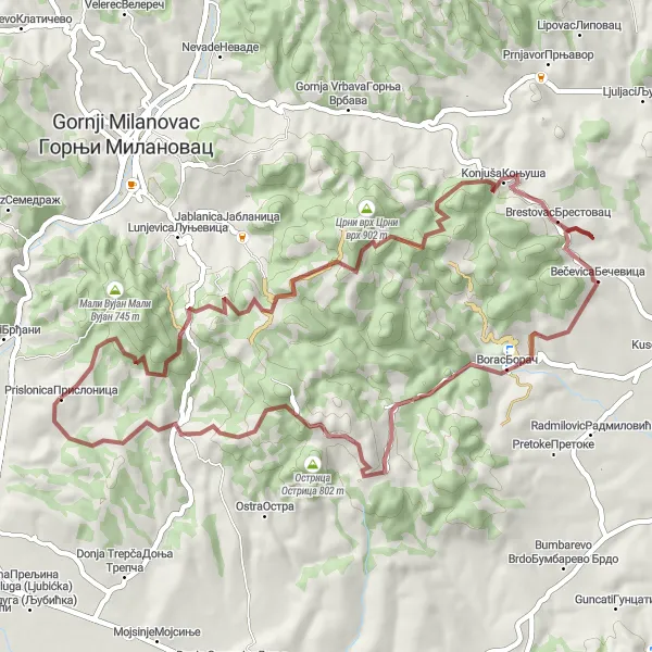 Map miniature of "Scenic Gravel Ride through Šumadije i Zapadne Srbije" cycling inspiration in Region Šumadije i Zapadne Srbije, Serbia. Generated by Tarmacs.app cycling route planner