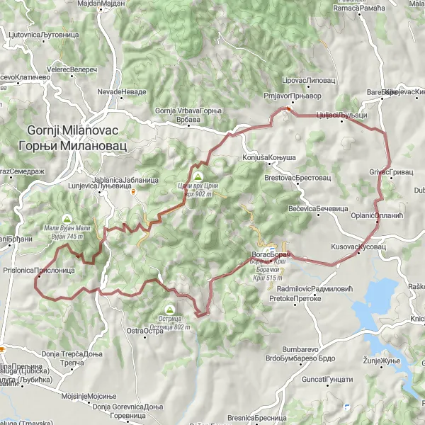 Map miniature of "Gravel Adventure through Šumadije i Zapadne Srbije" cycling inspiration in Region Šumadije i Zapadne Srbije, Serbia. Generated by Tarmacs.app cycling route planner