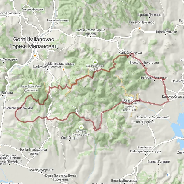 Map miniature of "Nature's Delights in the Prislonica Area" cycling inspiration in Region Šumadije i Zapadne Srbije, Serbia. Generated by Tarmacs.app cycling route planner