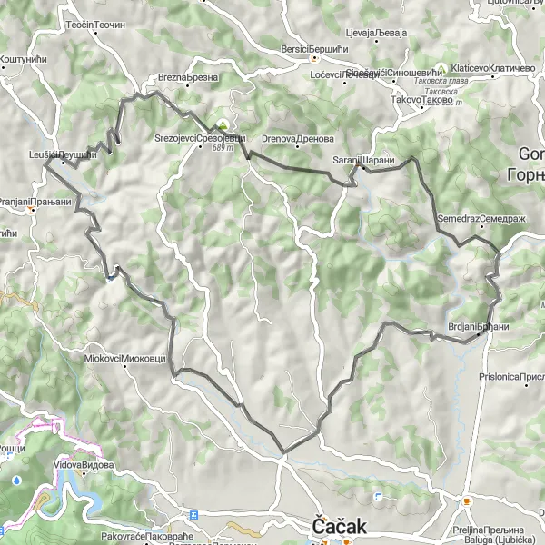 Map miniature of "Road Cycling Adventure in Šumadije i Zapadne Srbije" cycling inspiration in Region Šumadije i Zapadne Srbije, Serbia. Generated by Tarmacs.app cycling route planner