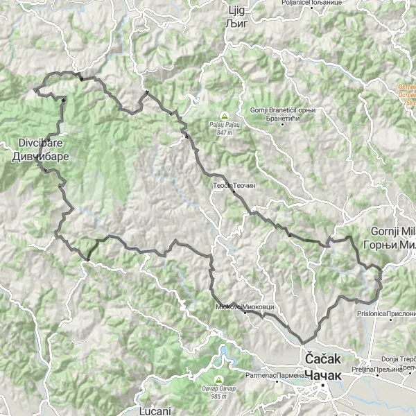 Map miniature of "Prislonica Loop" cycling inspiration in Region Šumadije i Zapadne Srbije, Serbia. Generated by Tarmacs.app cycling route planner