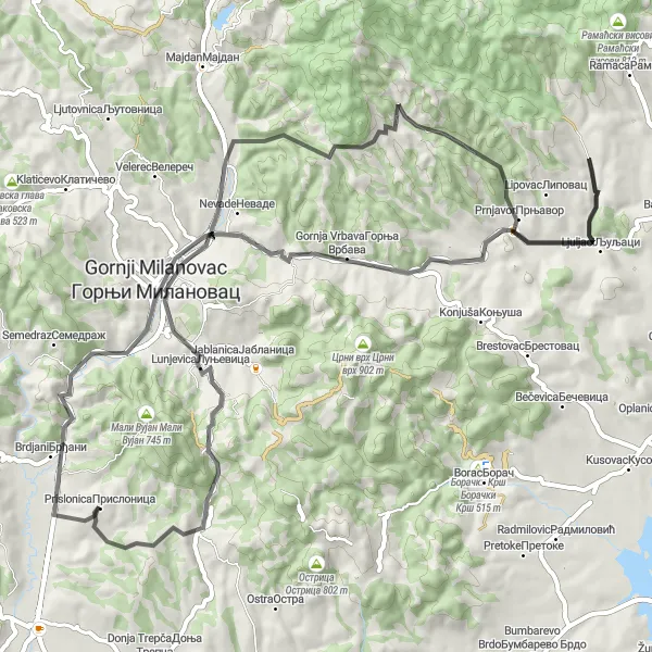 Map miniature of "Cycling Tour Through Gornji Milanovac" cycling inspiration in Region Šumadije i Zapadne Srbije, Serbia. Generated by Tarmacs.app cycling route planner