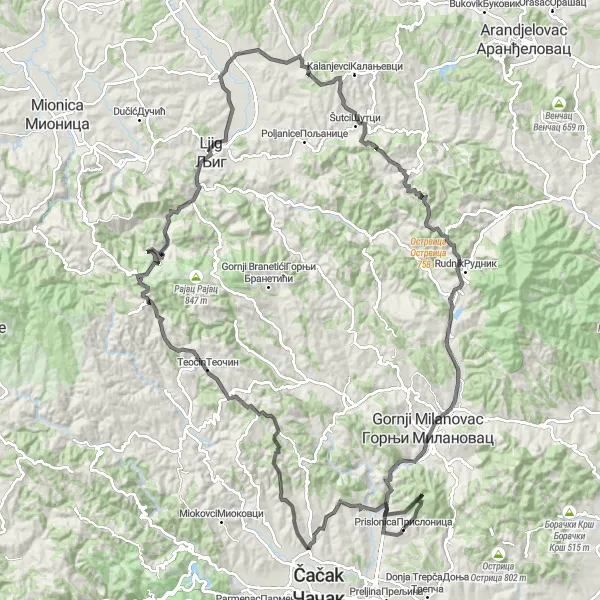 Map miniature of "Šumadije i Zapadne Srbije Adventure" cycling inspiration in Region Šumadije i Zapadne Srbije, Serbia. Generated by Tarmacs.app cycling route planner