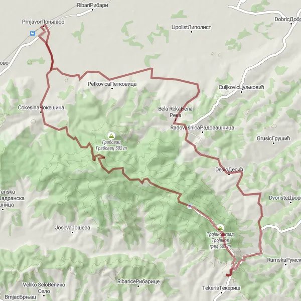 Map miniature of "The Prnjavor Gravel Adventure" cycling inspiration in Region Šumadije i Zapadne Srbije, Serbia. Generated by Tarmacs.app cycling route planner