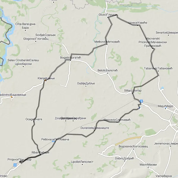 Map miniature of "Hidden Gems and Scenic Routes" cycling inspiration in Region Šumadije i Zapadne Srbije, Serbia. Generated by Tarmacs.app cycling route planner