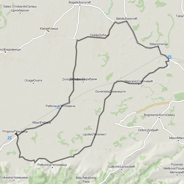 Map miniature of "Zminjak and Dublje Loop" cycling inspiration in Region Šumadije i Zapadne Srbije, Serbia. Generated by Tarmacs.app cycling route planner