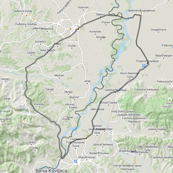 Map miniature of "Prnjavor Bike Adventure" cycling inspiration in Region Šumadije i Zapadne Srbije, Serbia. Generated by Tarmacs.app cycling route planner
