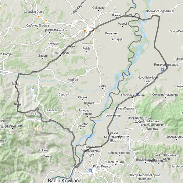 Map miniature of "Lesnica and Glavičice Circuit" cycling inspiration in Region Šumadije i Zapadne Srbije, Serbia. Generated by Tarmacs.app cycling route planner