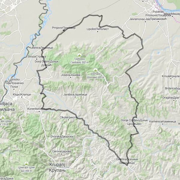 Map miniature of "Petlovaca and Varna Expedition" cycling inspiration in Region Šumadije i Zapadne Srbije, Serbia. Generated by Tarmacs.app cycling route planner