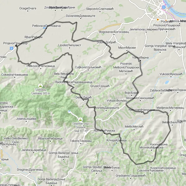 Map miniature of "Ribari and Maovi Loop" cycling inspiration in Region Šumadije i Zapadne Srbije, Serbia. Generated by Tarmacs.app cycling route planner