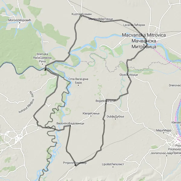 Map miniature of "Riverside Haven and Cultural Treasures" cycling inspiration in Region Šumadije i Zapadne Srbije, Serbia. Generated by Tarmacs.app cycling route planner