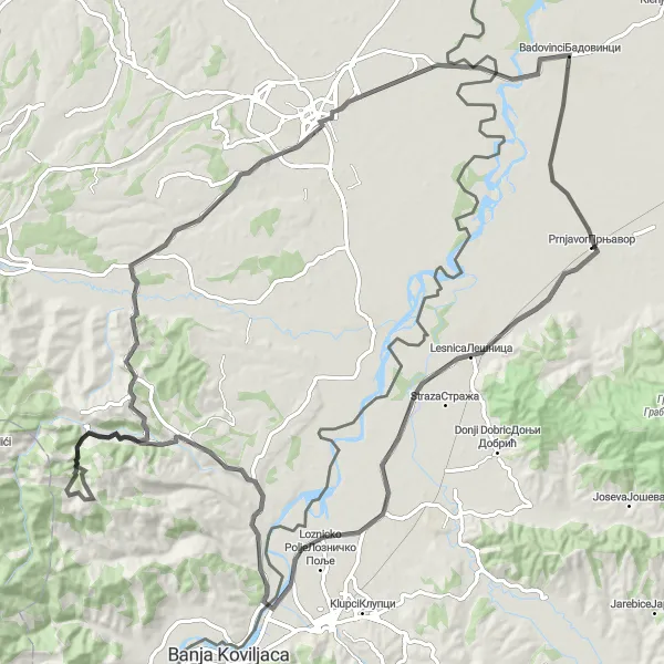 Map miniature of "Bjeloševac and Manaš Circuit" cycling inspiration in Region Šumadije i Zapadne Srbije, Serbia. Generated by Tarmacs.app cycling route planner