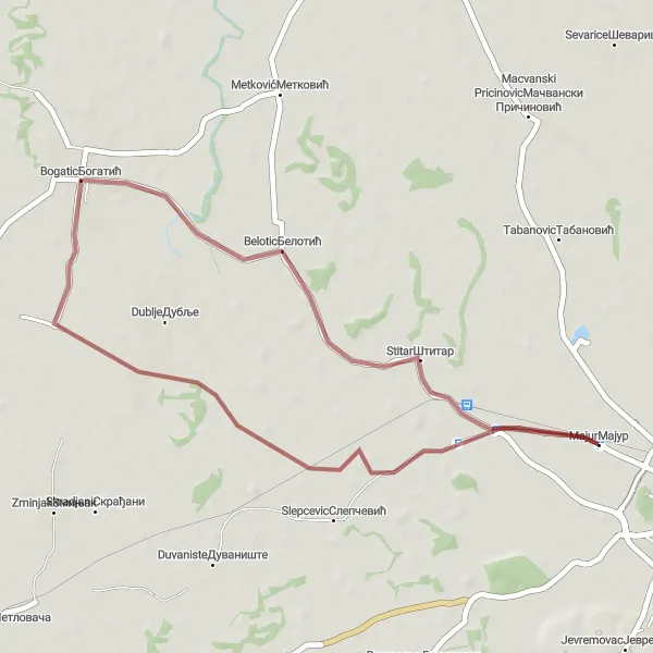 Map miniature of "Gravel Adventure to Majur" cycling inspiration in Region Šumadije i Zapadne Srbije, Serbia. Generated by Tarmacs.app cycling route planner
