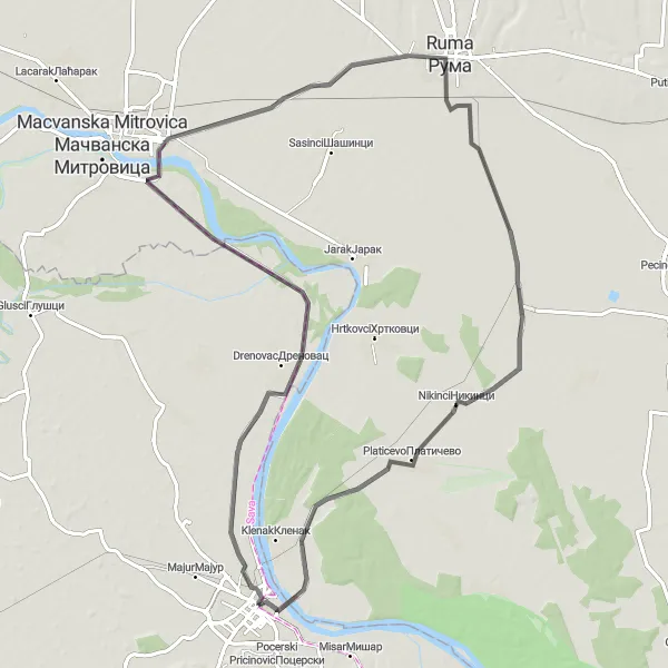 Map miniature of "Šabac Countryside Escape" cycling inspiration in Region Šumadije i Zapadne Srbije, Serbia. Generated by Tarmacs.app cycling route planner