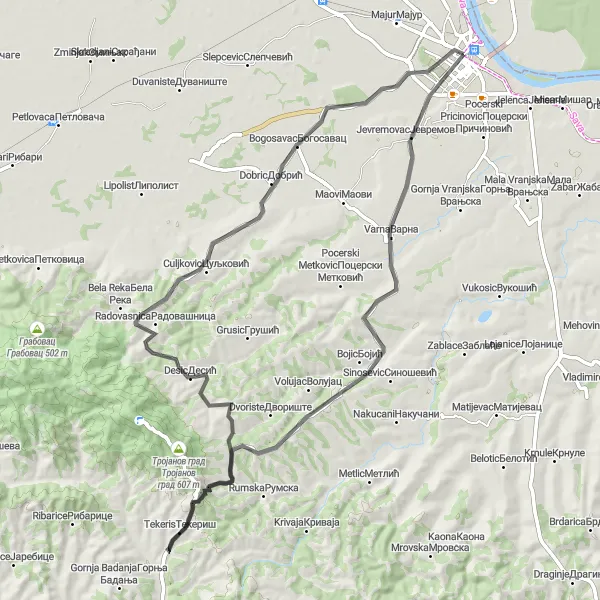 Map miniature of "Varna Hills Challenge" cycling inspiration in Region Šumadije i Zapadne Srbije, Serbia. Generated by Tarmacs.app cycling route planner