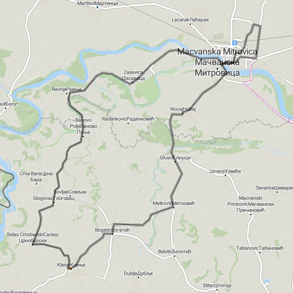 Map miniature of "Road Route to Glogovac and Zasavica II" cycling inspiration in Region Šumadije i Zapadne Srbije, Serbia. Generated by Tarmacs.app cycling route planner