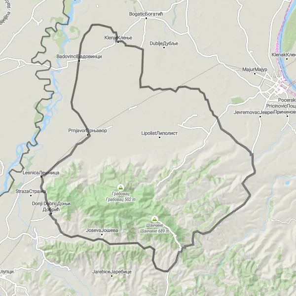 Map miniature of "The Tekeris Tour" cycling inspiration in Region Šumadije i Zapadne Srbije, Serbia. Generated by Tarmacs.app cycling route planner