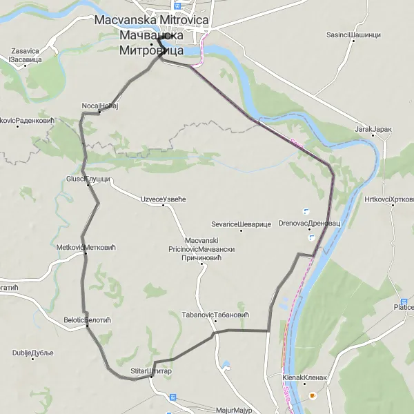 Map miniature of "Scenic Macva" cycling inspiration in Region Šumadije i Zapadne Srbije, Serbia. Generated by Tarmacs.app cycling route planner