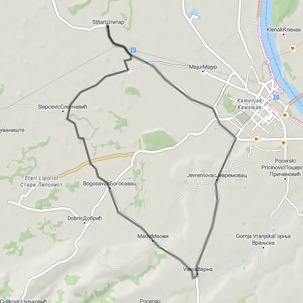 Map miniature of "Jevremovac Loop" cycling inspiration in Region Šumadije i Zapadne Srbije, Serbia. Generated by Tarmacs.app cycling route planner