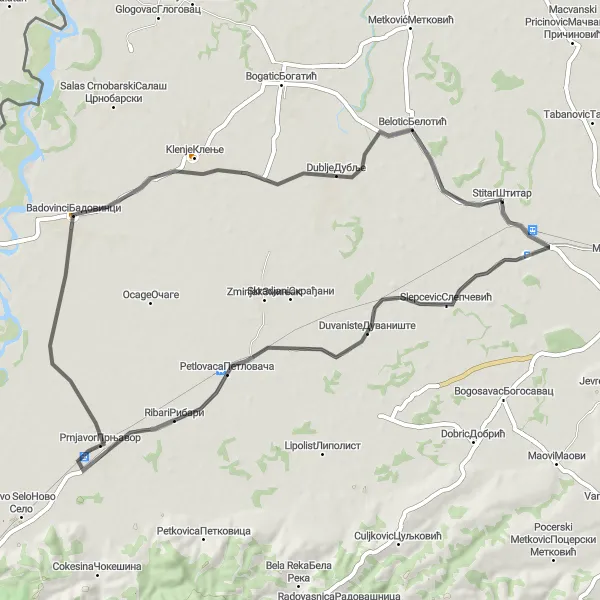 Map miniature of "Scenic Countryside Loop" cycling inspiration in Region Šumadije i Zapadne Srbije, Serbia. Generated by Tarmacs.app cycling route planner