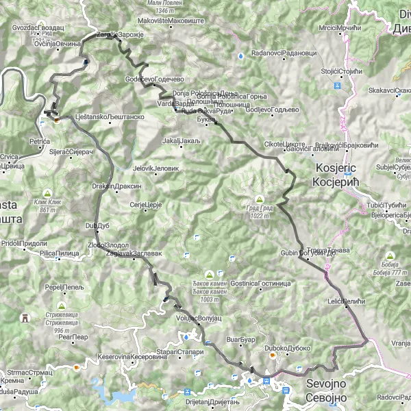 Map miniature of "Uzice Loop" cycling inspiration in Region Šumadije i Zapadne Srbije, Serbia. Generated by Tarmacs.app cycling route planner