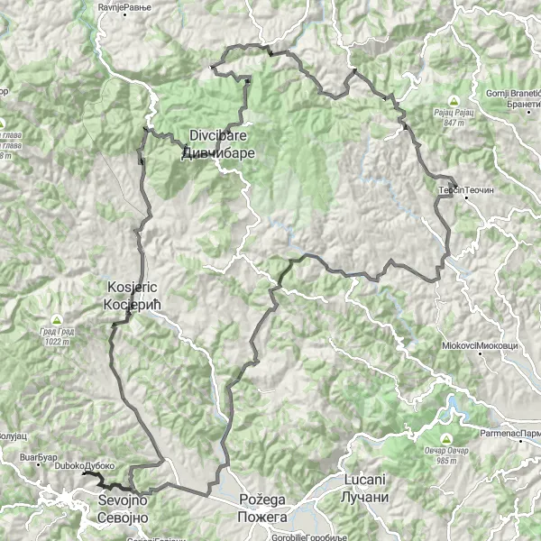 Map miniature of "Šumadije i Zapadne Srbije Epic Ride" cycling inspiration in Region Šumadije i Zapadne Srbije, Serbia. Generated by Tarmacs.app cycling route planner