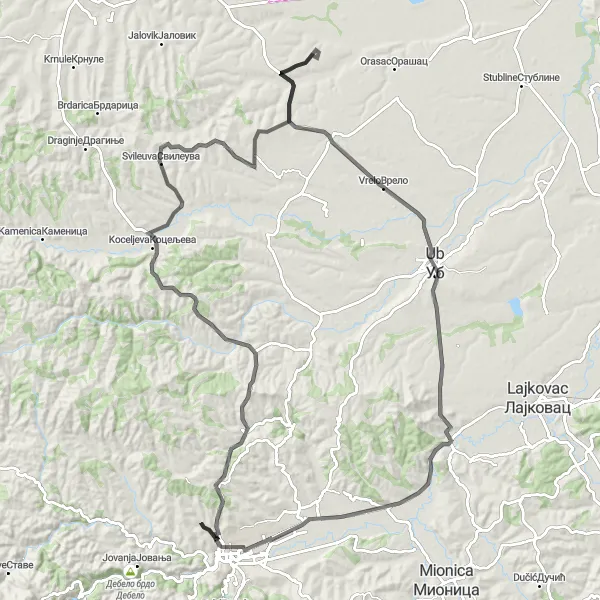 Map miniature of "Valjevo to Лозница Circuit" cycling inspiration in Region Šumadije i Zapadne Srbije, Serbia. Generated by Tarmacs.app cycling route planner