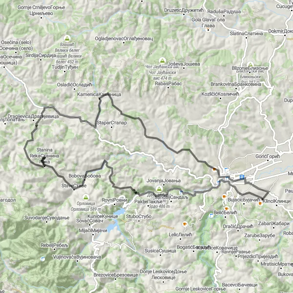 Map miniature of "Valjevo to Badine Loop" cycling inspiration in Region Šumadije i Zapadne Srbije, Serbia. Generated by Tarmacs.app cycling route planner