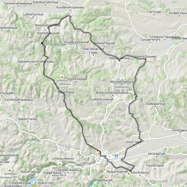 Map miniature of "Valjevo to Zabrdica Loop" cycling inspiration in Region Šumadije i Zapadne Srbije, Serbia. Generated by Tarmacs.app cycling route planner