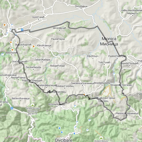 Map miniature of "Valjevo to Vучјак Loop" cycling inspiration in Region Šumadije i Zapadne Srbije, Serbia. Generated by Tarmacs.app cycling route planner