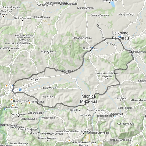 Map miniature of "Valjevo Circuit" cycling inspiration in Region Šumadije i Zapadne Srbije, Serbia. Generated by Tarmacs.app cycling route planner