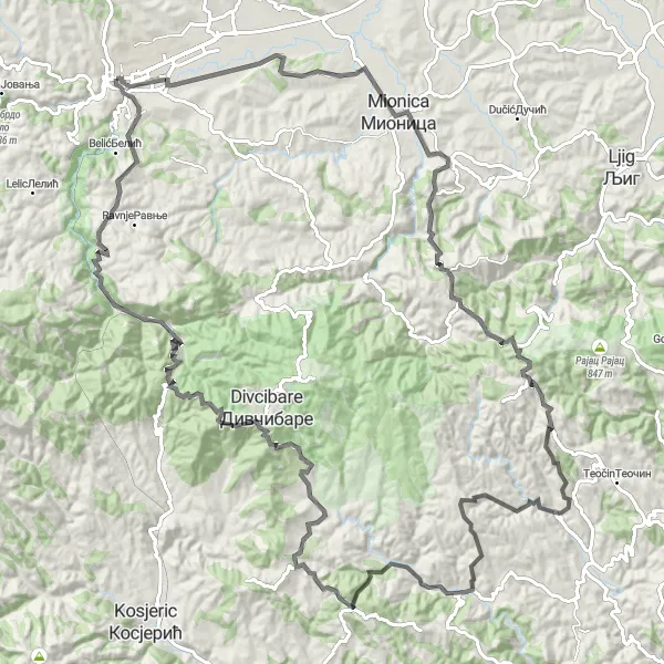 Map miniature of "Valjevo to Bela stena" cycling inspiration in Region Šumadije i Zapadne Srbije, Serbia. Generated by Tarmacs.app cycling route planner