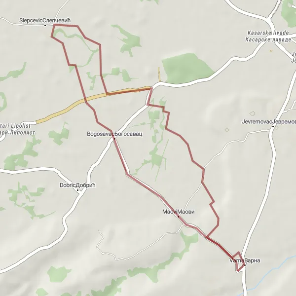 Map miniature of "Maovi and Varna Gravel Route" cycling inspiration in Region Šumadije i Zapadne Srbije, Serbia. Generated by Tarmacs.app cycling route planner