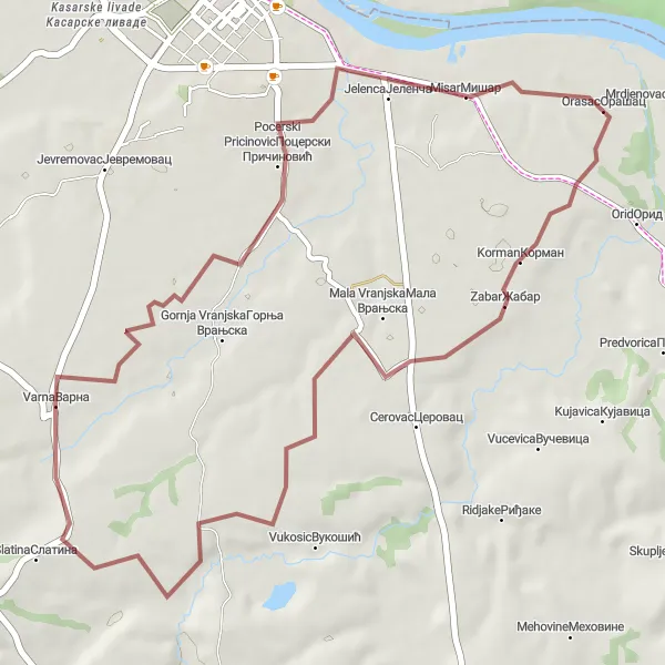 Map miniature of "Varna Gravel Adventure" cycling inspiration in Region Šumadije i Zapadne Srbije, Serbia. Generated by Tarmacs.app cycling route planner