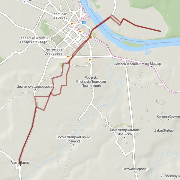 Map miniature of "Serene Gravel Ride" cycling inspiration in Region Šumadije i Zapadne Srbije, Serbia. Generated by Tarmacs.app cycling route planner