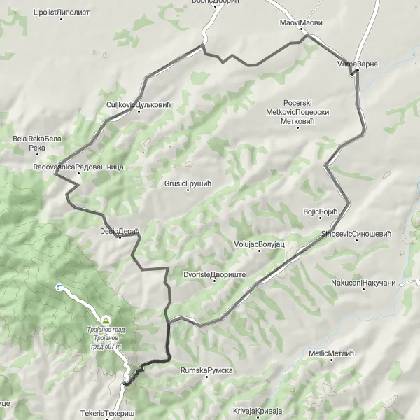 Map miniature of "Road Exploration around Varna" cycling inspiration in Region Šumadije i Zapadne Srbije, Serbia. Generated by Tarmacs.app cycling route planner