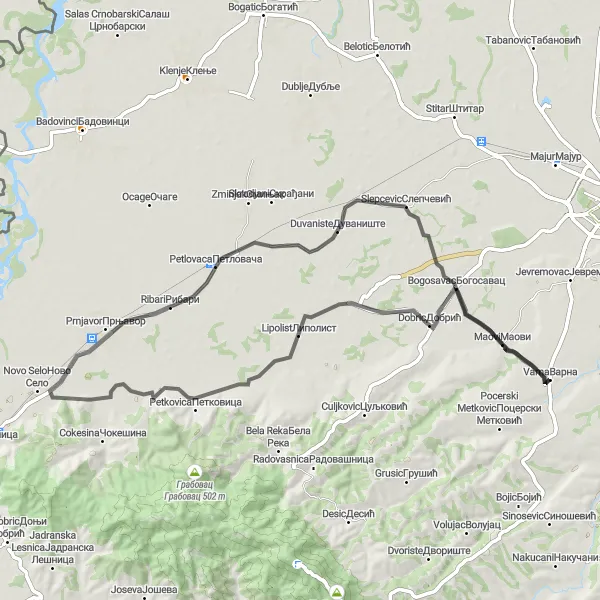 Map miniature of "Maovi and Gornja Vranjska Road Route" cycling inspiration in Region Šumadije i Zapadne Srbije, Serbia. Generated by Tarmacs.app cycling route planner