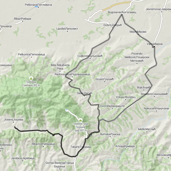 Map miniature of "Bojic and Tekeris Road Route" cycling inspiration in Region Šumadije i Zapadne Srbije, Serbia. Generated by Tarmacs.app cycling route planner