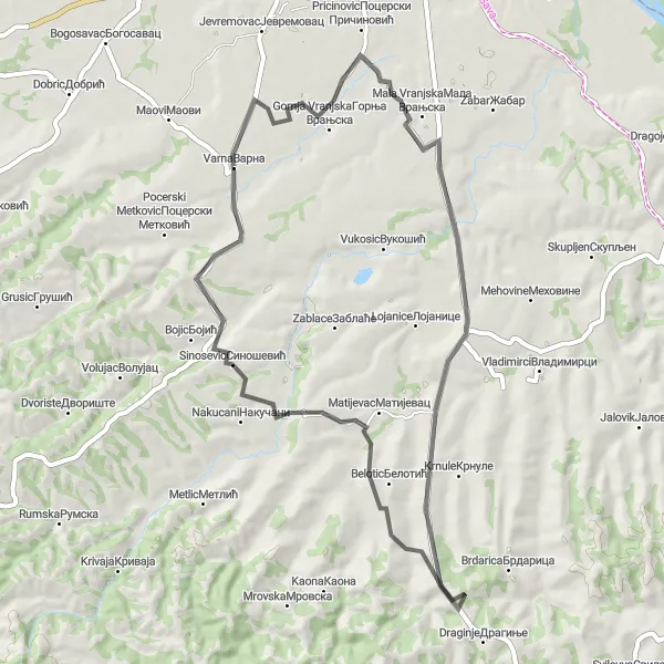 Map miniature of "Scenic Road Adventure" cycling inspiration in Region Šumadije i Zapadne Srbije, Serbia. Generated by Tarmacs.app cycling route planner