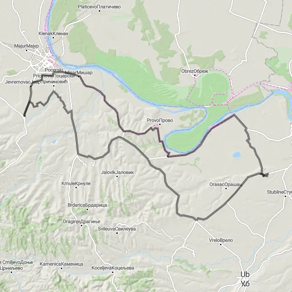 Map miniature of "Varna and Bobovik Road Route" cycling inspiration in Region Šumadije i Zapadne Srbije, Serbia. Generated by Tarmacs.app cycling route planner