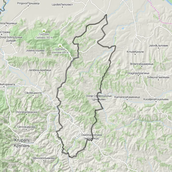 Map miniature of "Nakucani and Pocerski Metkovic Road Route" cycling inspiration in Region Šumadije i Zapadne Srbije, Serbia. Generated by Tarmacs.app cycling route planner