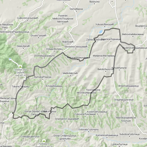 Map miniature of "Vladimirci - Kaona - Bajna glavica - Gornja Sipulja - Tekeris - Nakucani - Zablace" cycling inspiration in Region Šumadije i Zapadne Srbije, Serbia. Generated by Tarmacs.app cycling route planner