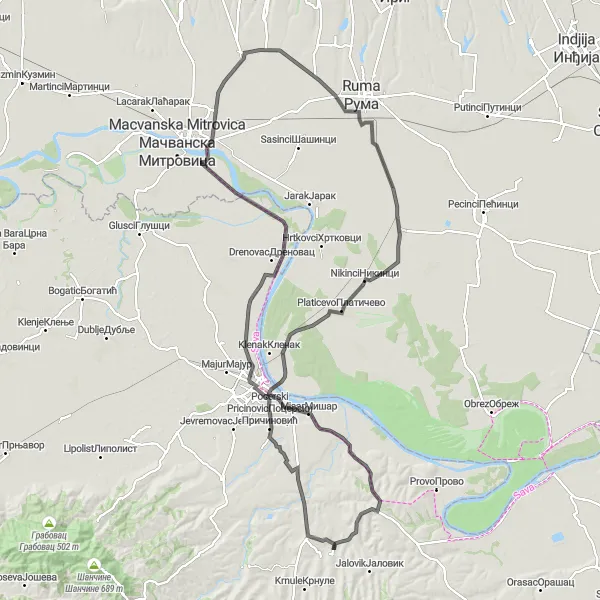 Map miniature of "Vladimirci - Cerovac - Nikinci - Bobovik Loop" cycling inspiration in Region Šumadije i Zapadne Srbije, Serbia. Generated by Tarmacs.app cycling route planner