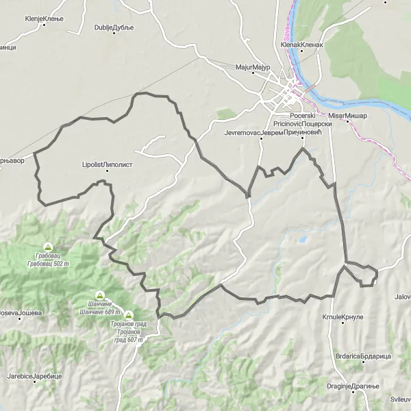 Map miniature of "Vladimirci - Matijevac - Desic Loop" cycling inspiration in Region Šumadije i Zapadne Srbije, Serbia. Generated by Tarmacs.app cycling route planner