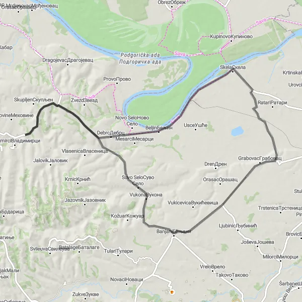 Map miniature of "Vladimirci - Debrc - Obrenovac - Banjani - Suvo Selo - Bobovik Loop" cycling inspiration in Region Šumadije i Zapadne Srbije, Serbia. Generated by Tarmacs.app cycling route planner