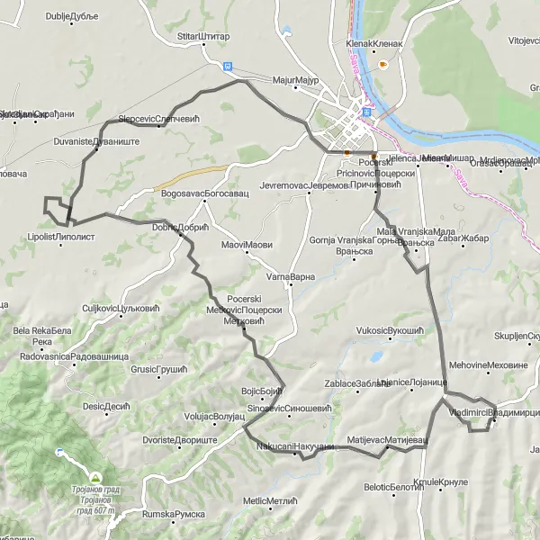 Map miniature of "Vladimirci - Matijevac - Pocerski Metkovic - Duvaniste - Pocerski Pricinovic - Cerovac" cycling inspiration in Region Šumadije i Zapadne Srbije, Serbia. Generated by Tarmacs.app cycling route planner