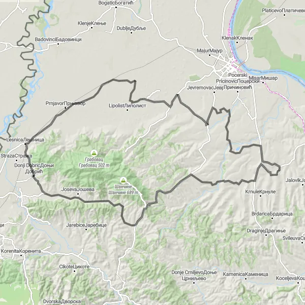 Map miniature of "Vladimirci - Matijevac - Tekeris - Дебели рт - Petlovaca - Maovi - Gornja Vranjska - Vukosic" cycling inspiration in Region Šumadije i Zapadne Srbije, Serbia. Generated by Tarmacs.app cycling route planner