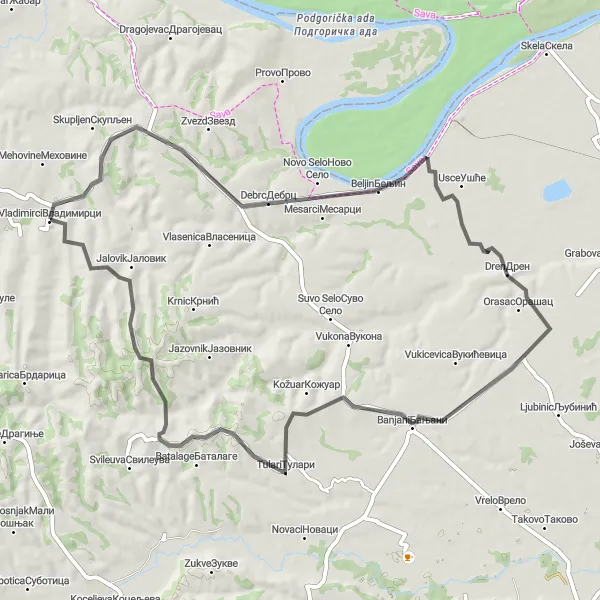 Map miniature of "Vladimirci - Debrc Loop" cycling inspiration in Region Šumadije i Zapadne Srbije, Serbia. Generated by Tarmacs.app cycling route planner