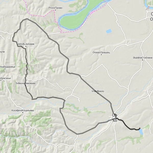 Map miniature of "Vladimirci - Suvo Selo - Banjani - Paljuvi - Cucuge - Svileuva - Jalovik" cycling inspiration in Region Šumadije i Zapadne Srbije, Serbia. Generated by Tarmacs.app cycling route planner